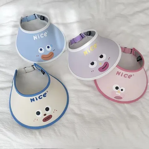 Kids Summer Empty Top Sun Hat Cute Cartoon Face Print Wide Brim Anti-UV Outdoor Beach Visor Hat For Boys Girls