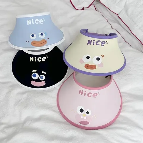 Kids Summer Empty Top Sun Hat Cute Cartoon Face Print Wide Brim Anti-UV Outdoor Beach Visor Hat For Boys Girls