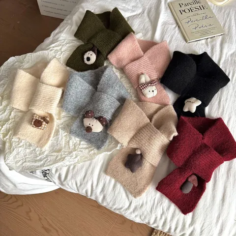 Bufanda de Punto Cálida de Invierno para Niños Lindo Animal de Dibujos Animados Calentador de Cuello Cruzado Bufanda Decorada de Forro Suave