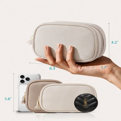 Bolsa de Maquillaje Portátil para Mujer Forrada de Franela Estuche Cosmético de Viaje Con Cremallera de Borla Color Sólido Impermeable Organizador