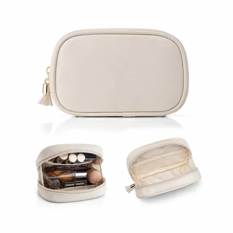 Bolsa de Maquillaje Portátil para Mujer Forrada de Franela Estuche Cosmético de Viaje Con Cremallera de Borla Color Sólido Impermeable Organizador