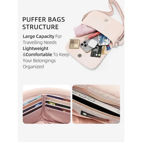 Women's Lightweight Nylon Quilted Crossbody Bag Small Puffer Shoulder Tote Bag With Multiple Pockets