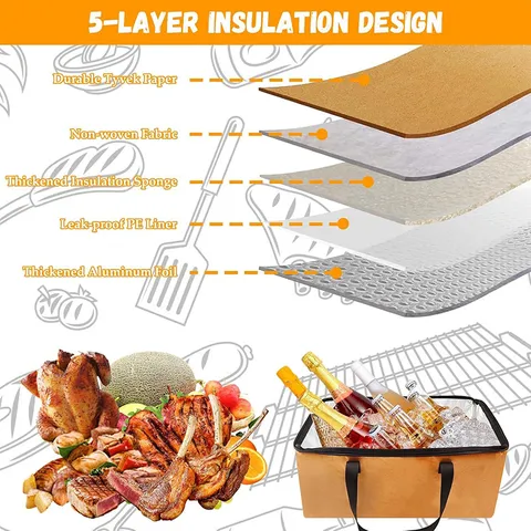 Large Capacity Insulated BBQ Cooler Bag Waterproof Tyvek Paper Thermal Picnic Bag Foldable Food Storage For Camping