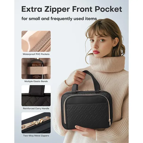 Women's Large Capacity Travel Toiletry Bag Hanging Waterproof Quilted Makeup Organizer Cosmetic Bag with Metal Hook