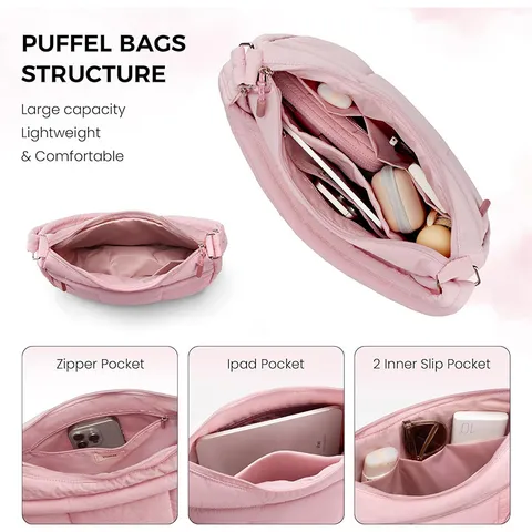 Women's Casual Nylon Quilted Crossbody Bag Small Dumpling Shoulder Bag Lightweight Daily Travel Purse With Adjustable Strap