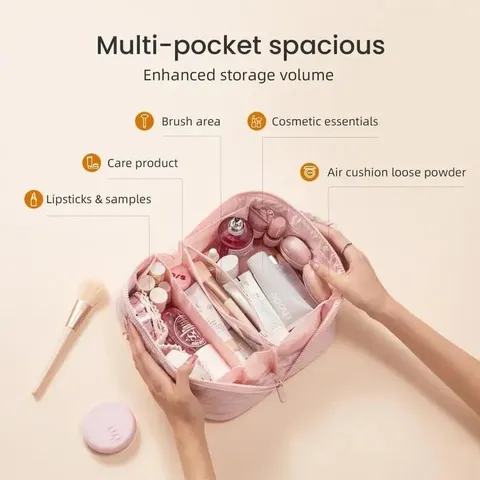 Portable Quilted Cosmetic Bag Large Capacity Waterproof Toiletry Organizer Travel Makeup Pouch With Handle Zipper