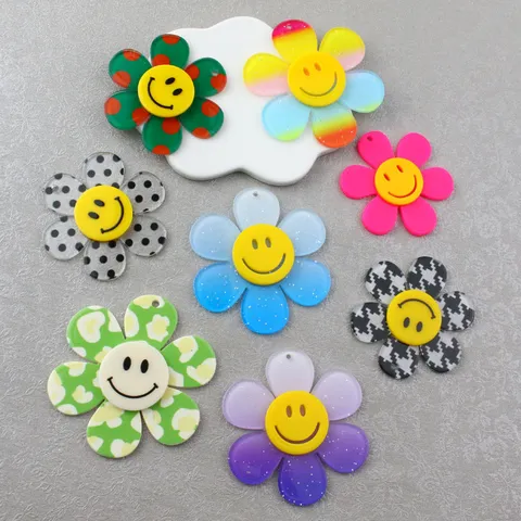 Κορεάτικο Στυλ Χαριτωμένο Ηλιοτρόπιο Smiley Face Διπλής Stρώσης Ακρυλικό Μετάλλιο Charm DIY Αξεσουάρ Κατασκευής Κοσμημάτων