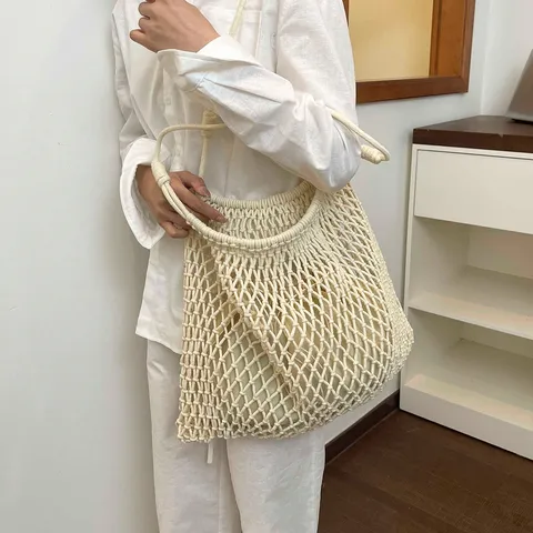 Femmes Tissé Ajouré Épaule Tote Sac Grande Capacité Décontracté Plage Navettage Polyester Sac À Main Pour Vacances D'Été
