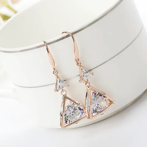 Fashion Long Geometric Zirconia Drop Earrings Copper Rose Gold Plated Elegant Dangle Earrings Jewelry For Women