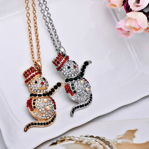 Christmas Snowman Sweater Chain Alloy Rhinestone Pendant Necklace For Women Men Holiday Party Jewelry