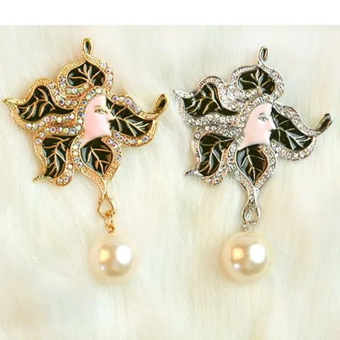 Vintage Human Face Leaf Brooch Pin Alloy Rhinestone Artificial Pearl Elegant Coat Scarf Accessories Jewelry