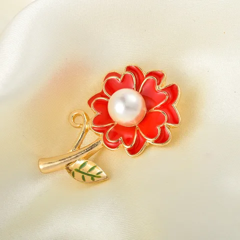 Carnation Brooch Elegant Alloy Red Drip Oil Artificial Pearl Flower Pin Fashion Wedding Jewelry Gifts For Women