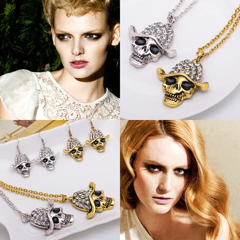 Punk Skull Jewelry Sets Alloy Rhinestone Gothic Pendant Necklace And Earrings Set Unisex Halloween Party Jewelry