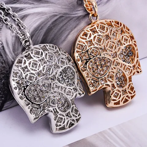 Gothic Punk Hollow Skull Pendant Necklace Alloy Rhinestone Sweater Chain Halloween Party Jewelry For Women And Men