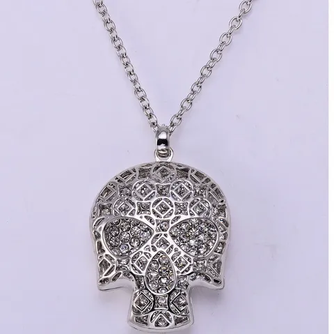 Gothic Punk Hollow Skull Pendant Necklace Alloy Rhinestone Sweater Chain Halloween Party Jewelry For Women And Men