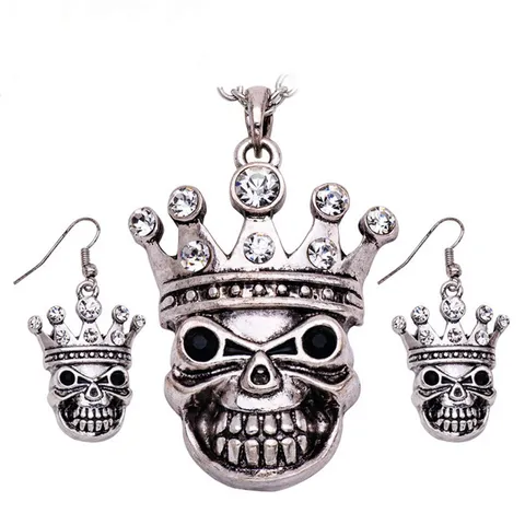 Punk Gothic Skull Crown Necklace And Earrings Set Alloy Rhinestone Vintage Halloween Party Jewelry For Unisex