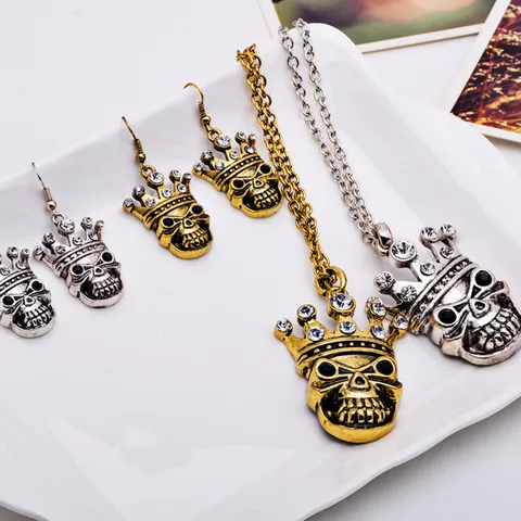 Punk Gothic Skull Crown Necklace And Earrings Set Alloy Rhinestone Vintage Halloween Party Jewelry For Unisex