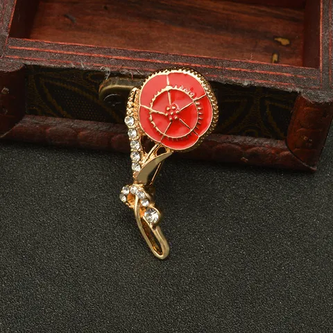 Mother's Day Carnation Brooch Pin Alloy Gold Plated Red Enamel Rhinestone Floral Brooch Fashion Jewelry Gift For Women
