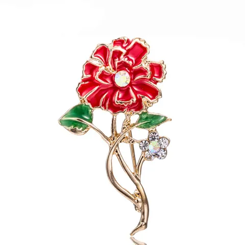 Korean Fashion Alloy Rhinestone Carnation Brooch Gold Silver Enamel Flower Pin Mothers Day Jewelry Gift For Women