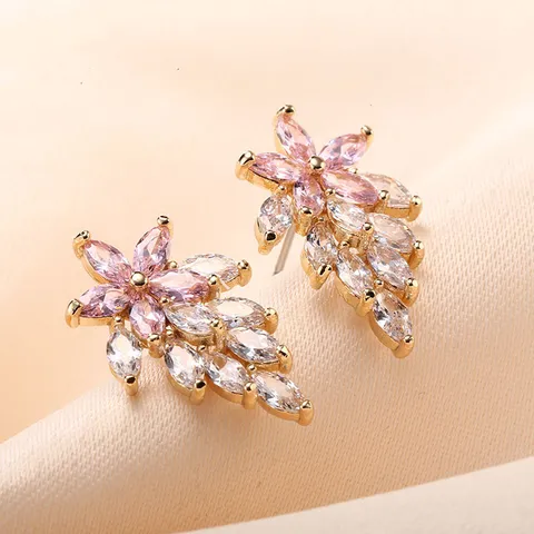Luxury Alloy Zirconia Flower Stud Earrings With 925 Sterling Silver Post Sparkling Multi Color Wedding Party Women Jewelry
