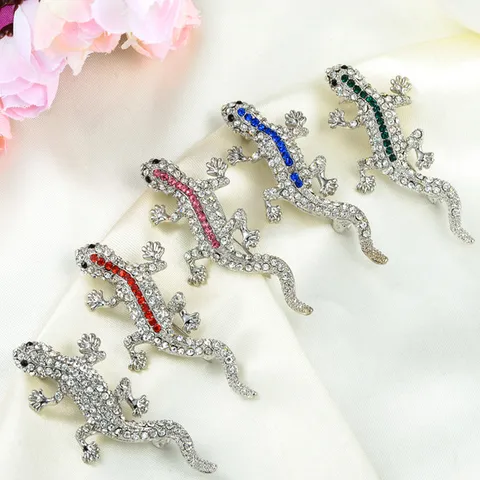 Rhinestone Gecko Brooch Animal Crystal Lapel Pin Alloy Fashion Clothing Accessories Jewelry Gift For Women Men