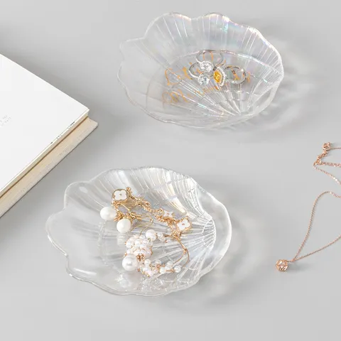Vassoio per Giochi in Vetro Iridescente Conchiglia Stile Nordico Piatto Decorativo Anello Orecchino Espositore Organizzatore da Scrivania