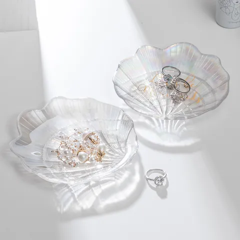 Vassoio per Giochi in Vetro Iridescente Conchiglia Stile Nordico Piatto Decorativo Anello Orecchino Espositore Organizzatore da Scrivania