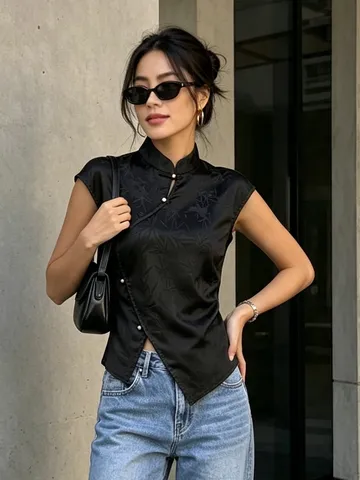 Neuer Chinesischer Stil Damen Jacquard Ärmellos Weste Top Stehkragen Asymmetrisch Perlenknopf Split Saum Bluse