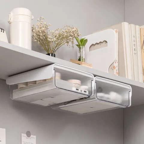 Under Desk Drawer Organizer Hidden Storage Box Self-Adhesive Desk Tray For Office Stationery Clear