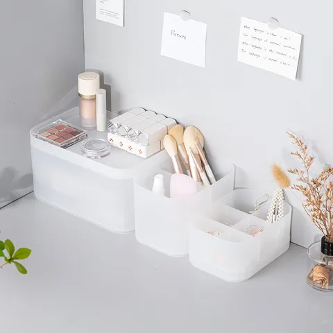 Scatola Portaoggetti da Scrivania in Plastica Trasparente Opaca Con Coperchio Organizer per Cosmetici Impilabile per Dormitorio