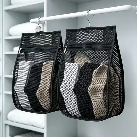 Hanging Mesh Sock Storage Bag Wardrobe Closet Organizer Breathable Nylon Mesh Hanging Pouch With Zipper Hook For Dormitory Home