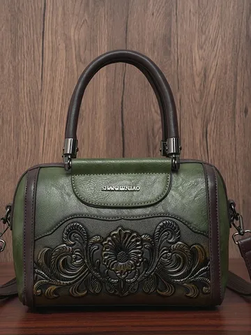 Women's Retro Crossbody Bag PU Leather Embossed Floral Shoulder Handbag Vintage Casual Tote