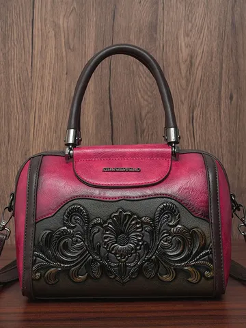 Women's Retro Crossbody Bag PU Leather Embossed Floral Shoulder Handbag Vintage Casual Tote