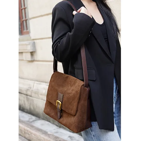 Genuine Leather Vintage Large Capacity Tote Bag For Women Soft Suede Commuter Shoulder Crossbody Bag