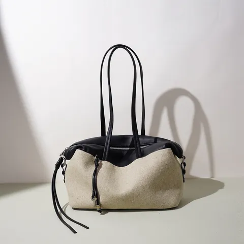 Women's Large Capacity Boston Bag Casual Commuter Patchwork Shoulder Bag PU Leather And Canvas Chic Daily Handbag