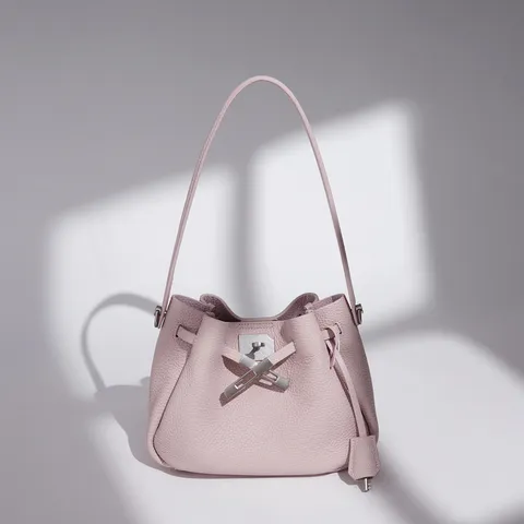 Women Genuine Leather Bucket Bag Luxury Designer Style Crossbody Handbag Minimalist Metal Lock Shoulder Bag