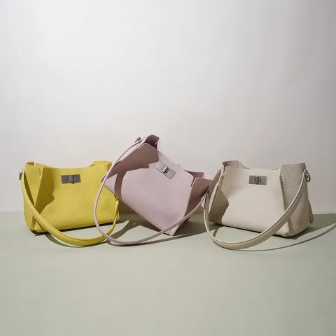 Korean Style Solid Color Genuine Leather Bucket Bag Women Casual Shoulder Crossbody Bag Daily Matching Top Handle Bag