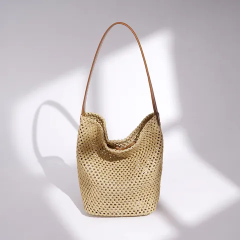 Women Woven Straw Bucket Bag Top Layer Cowhide Leather Shoulder Bag Large Capacity Casual Beach Vacation Handbag