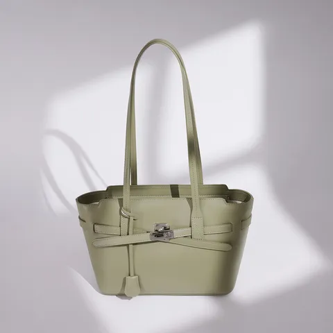 Women's Large Capacity Tote Bag Genuine Leather Commuter Casual Shoulder Bag Simple Solid Color Metal Lock Handbag