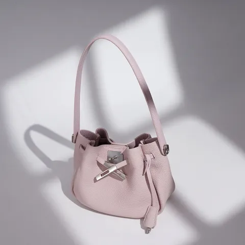 Women Genuine Leather Bucket Bag Luxury Designer Style Crossbody Handbag Minimalist Metal Lock Shoulder Bag