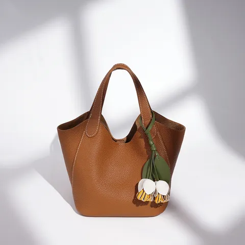 Sac Seau en Cuir Véritable pour Femmes Mode Commuter Sac à Main Classique Couleur Unie Cabas avec Pendentif Floral