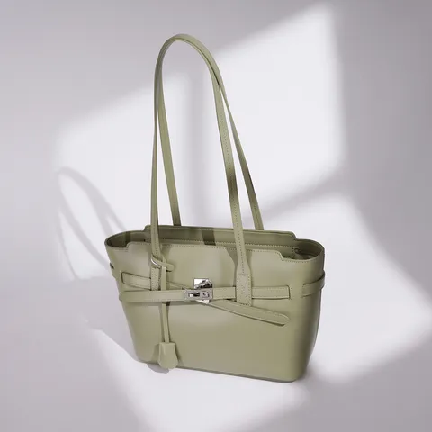 Women's Large Capacity Tote Bag Genuine Leather Commuter Casual Shoulder Bag Simple Solid Color Metal Lock Handbag