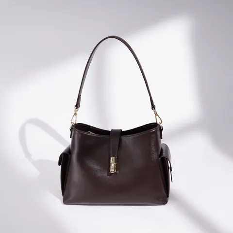 Women Genuine Leather Shoulder Bag Luxury Commuter Bucket Bag Solid Color Casual Crossbody Bag With Metal Lock