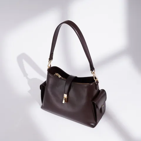 Women Genuine Leather Shoulder Bag Luxury Commuter Bucket Bag Solid Color Casual Crossbody Bag With Metal Lock