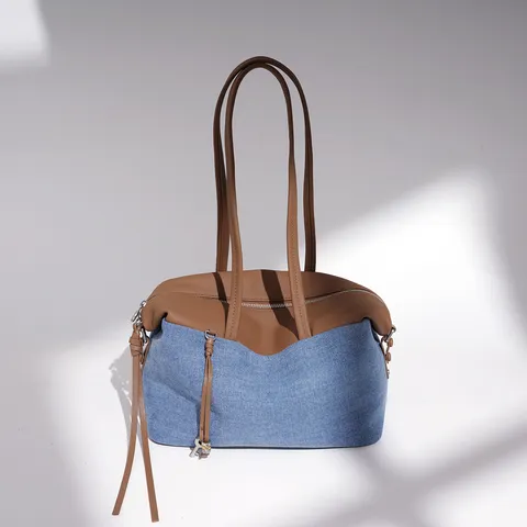Women Genuine Leather Denim Patchwork Shoulder Bag Commuter Large Capacity Underarm Tote Bag Stylish Handbag