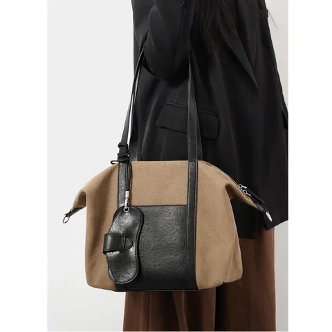 Unisex Large Capacity Canvas Tote Bag Patchwork Color Block Casual Handbag Multifunctional Shoulder Bag