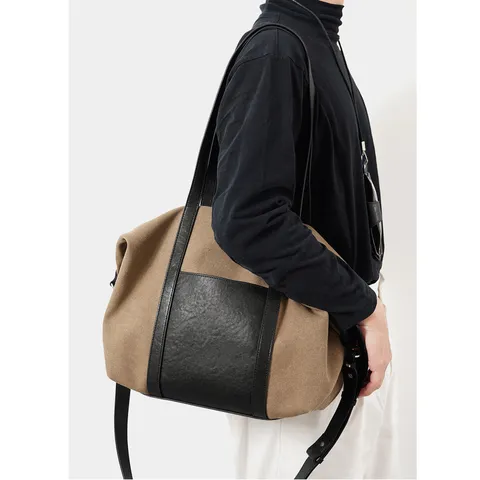 Unisex Large Capacity Canvas Tote Bag Patchwork Color Block Casual Handbag Multifunctional Shoulder Bag