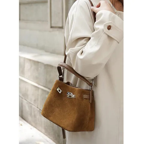Vintage Women Bucket Bag Genuine Leather Handbag Casual Retro Small Square Shoulder Bag Top Handle Crossbody Bag