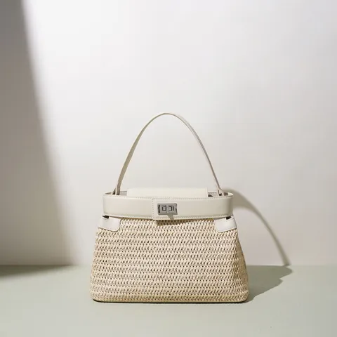 Women Casual Straw Woven Leather Patchwork Top Handle Bag Elegant Structure Daily Vacation