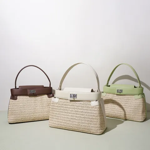Women Casual Straw Woven Leather Patchwork Top Handle Bag Elegant Structure Daily Vacation